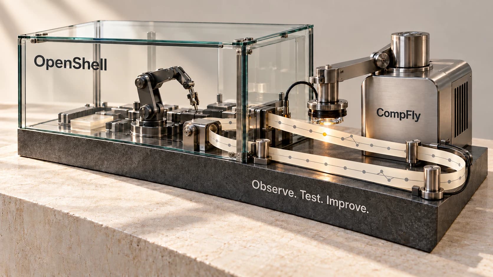 OpenShell illustrated as a glass enclosure connected to CompFly by a continuous inspection loop labeled Observe. Test. Improve.